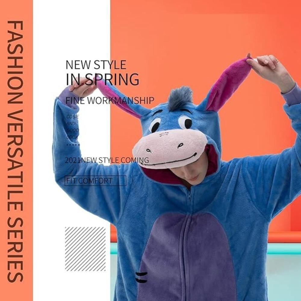 Eeyore Donkey Zip Up hooded costume Unisex Adult One Piece Pajamas